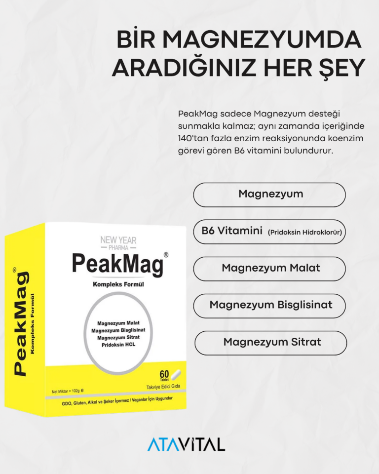 Peakmag Magnezyum + B6 Vitamini Gıda Takviyesi 60 Tablet