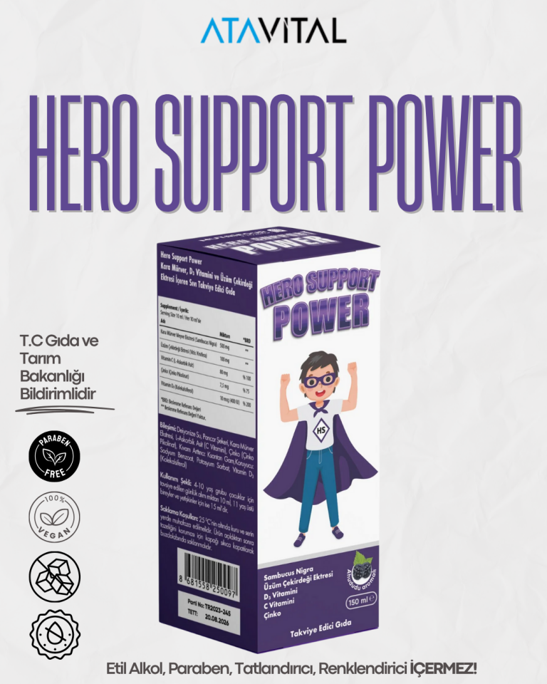 Hero Support Power Şurup Kara Mürver, D3 Vitamini ve Üzüm Çekirdeği Ekstresi İçeren Takviye Edici Gıda