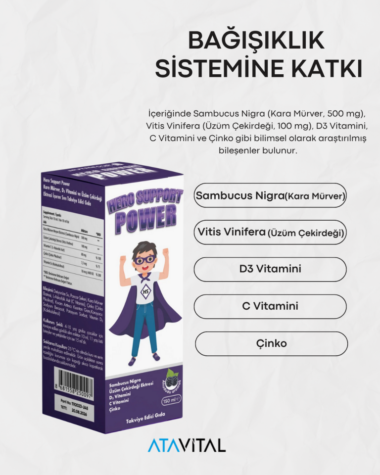 Hero Support Power Şurup Kara Mürver, D3 Vitamini ve Üzüm Çekirdeği Ekstresi İçeren Takviye Edici Gıda