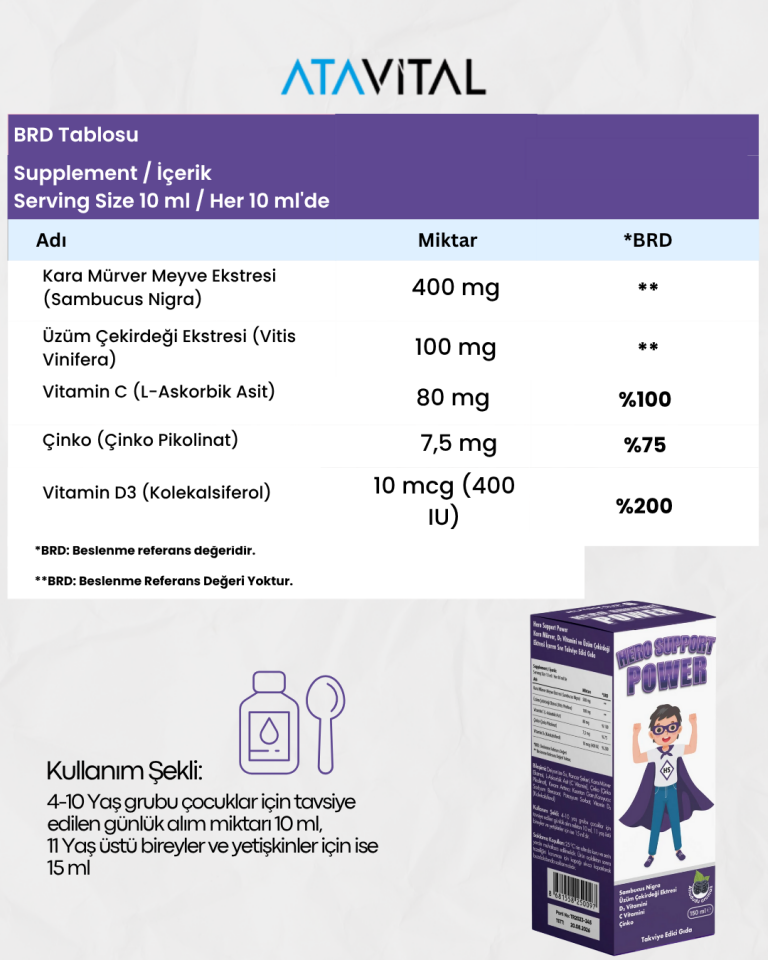 Hero Support Power Şurup Kara Mürver, D3 Vitamini ve Üzüm Çekirdeği Ekstresi İçeren Takviye Edici Gıda